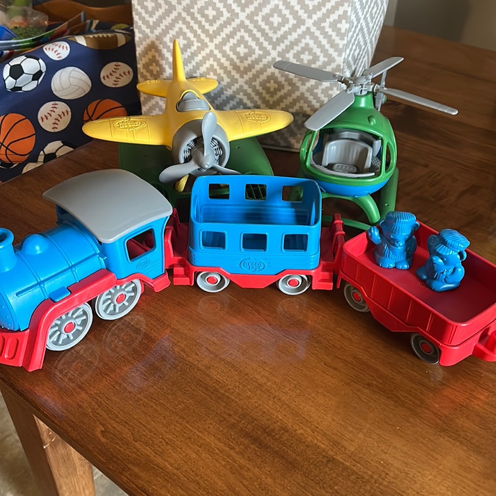 Green Toys (train, seaplane, helicopter)